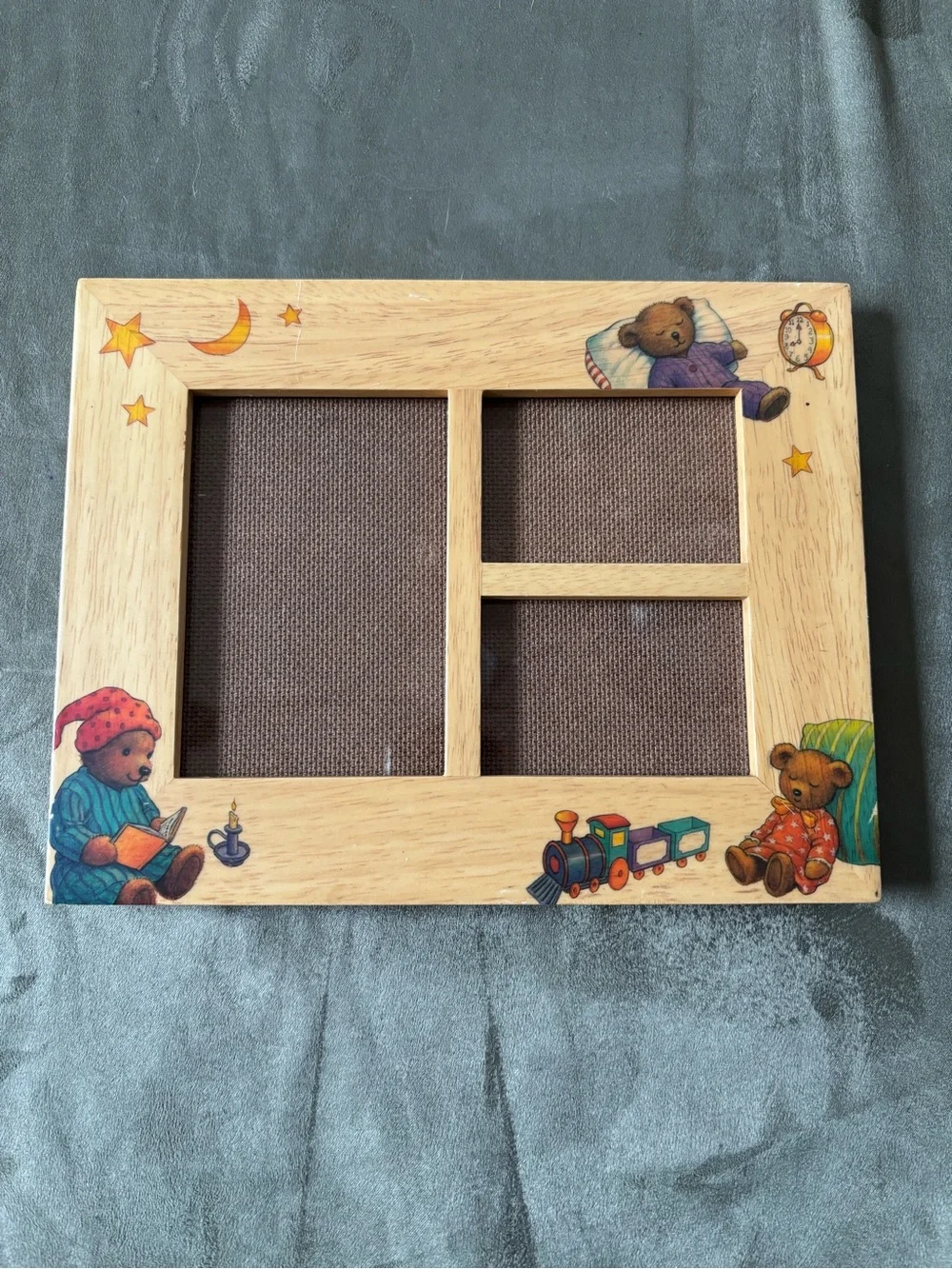 Rare Vintage 90s Handcrafted/Painted Triple Window Wooden Nursery Photo Frame